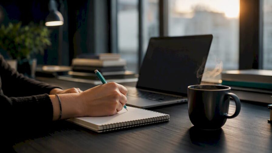Handen die op een laptop typen om een vacature voor sales op te stellen