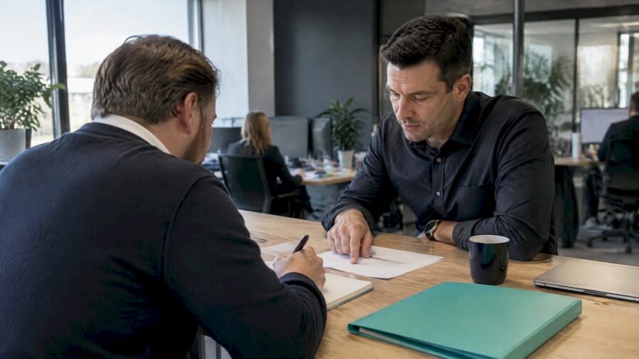 Accountmanager gaat met manager in gesprek over bonusregeling